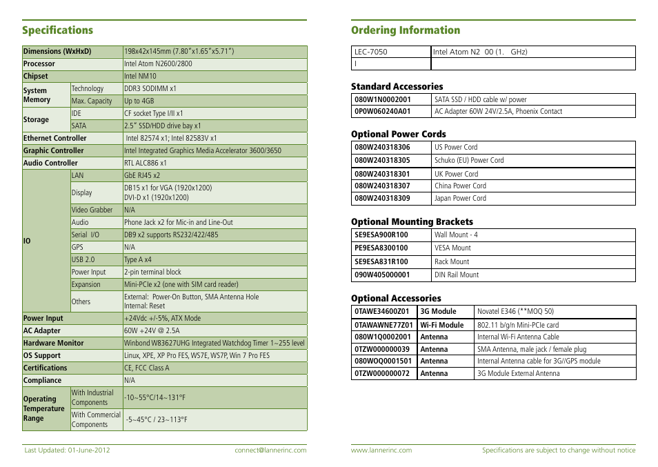 Specifications, Ordering information | Impulse LEC-7050 User Manual | Page 2 / 2