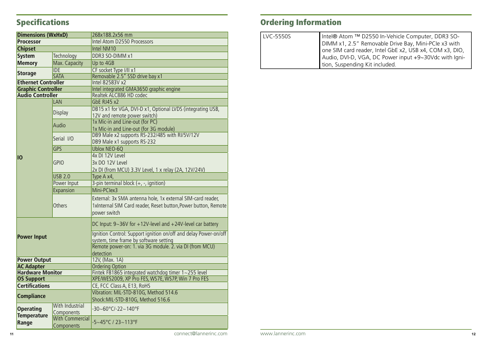Specifications, Ordering information | Impulse LVC-5550S User Manual | Page 2 / 2