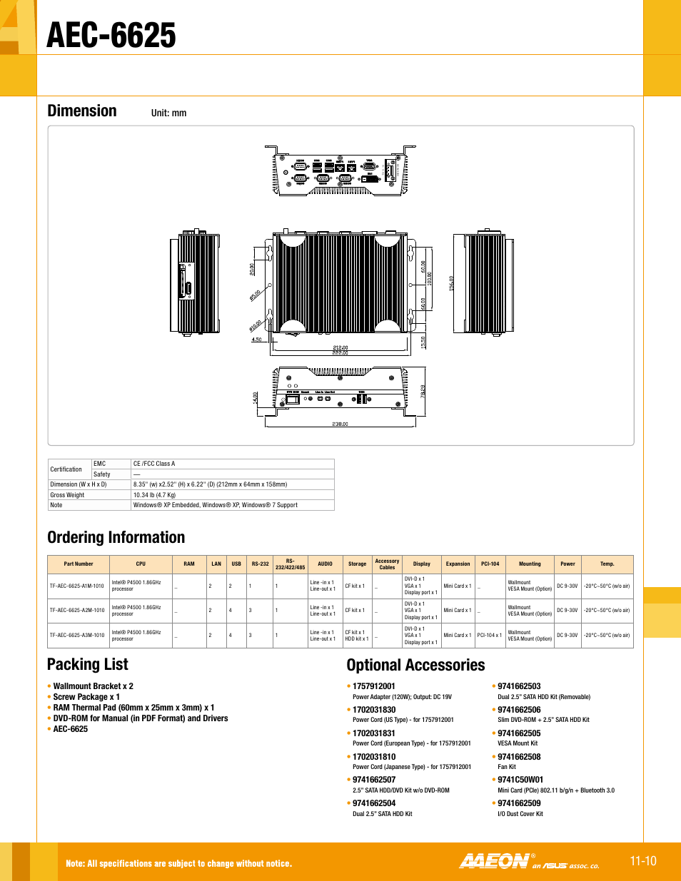 Aec-6625, Optional accessories, Packing list | Ordering information, Dimension, Unit: mm | Impulse AEC-6625 User Manual | Page 2 / 2