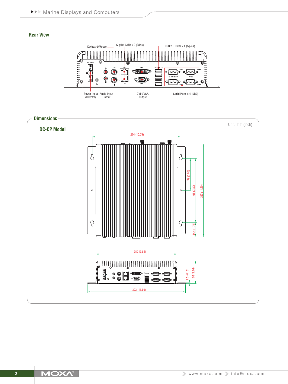Marine displays and computers rear view, Dc-cp model dimensions | Impulse MC-5150-DC-CP User Manual | Page 2 / 3