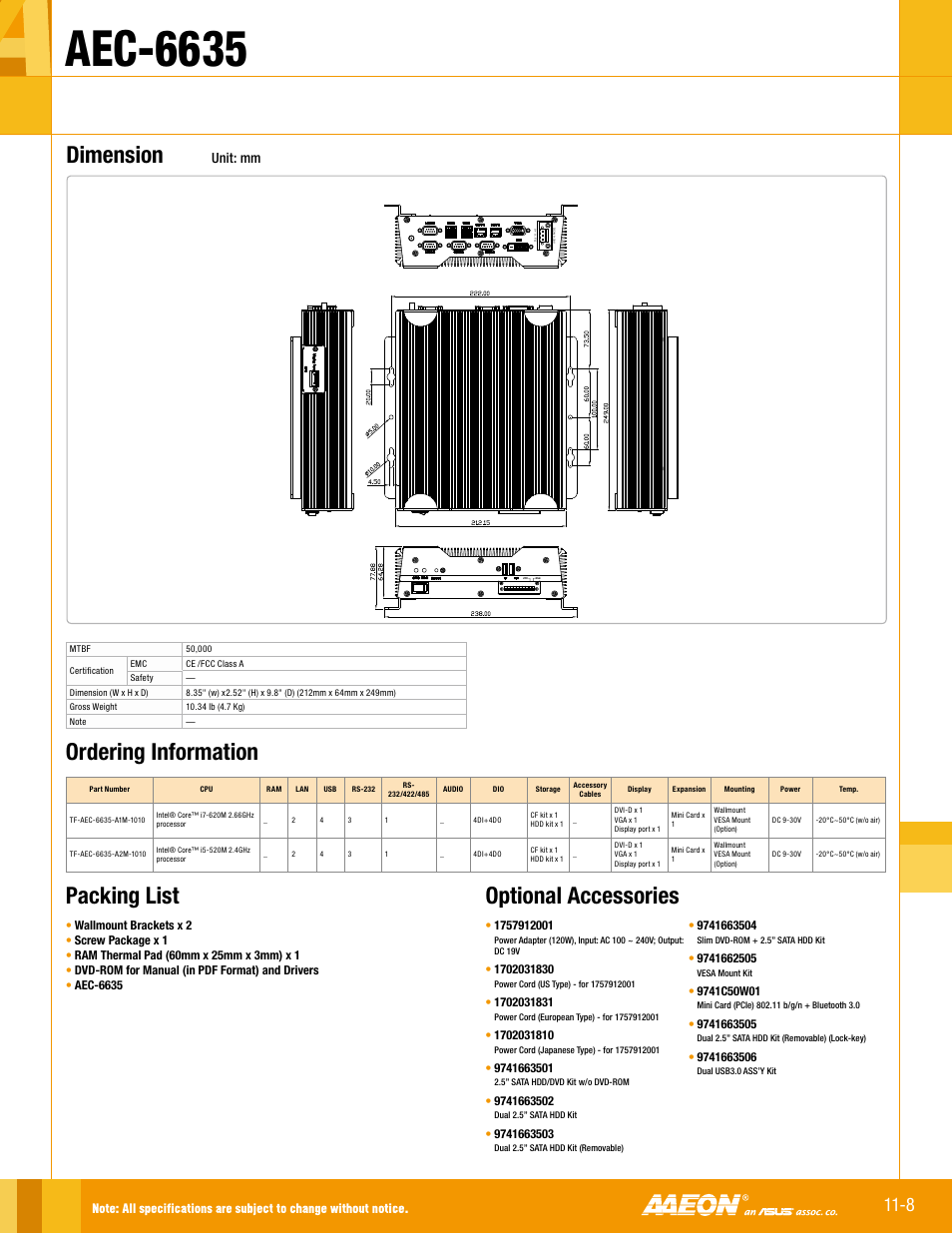 Aec-6635, Optional accessories, Packing list | Ordering information, Dimension, Unit: mm | Impulse AEC-6635 User Manual | Page 2 / 2