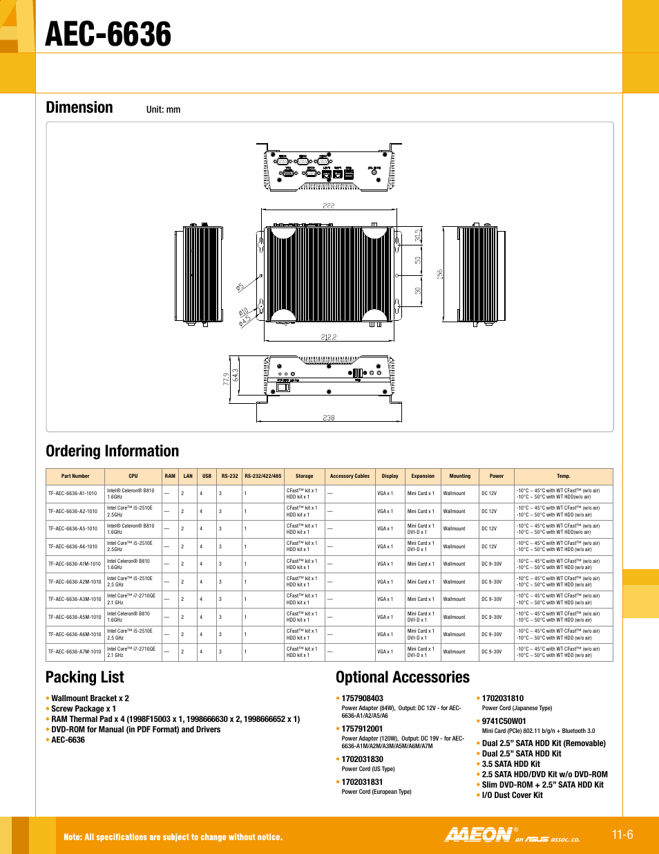 Aec-6636, Packing list optional accessories, Ordering information | Dimension, Unit: mm | Impulse AEC-6636 User Manual | Page 2 / 2