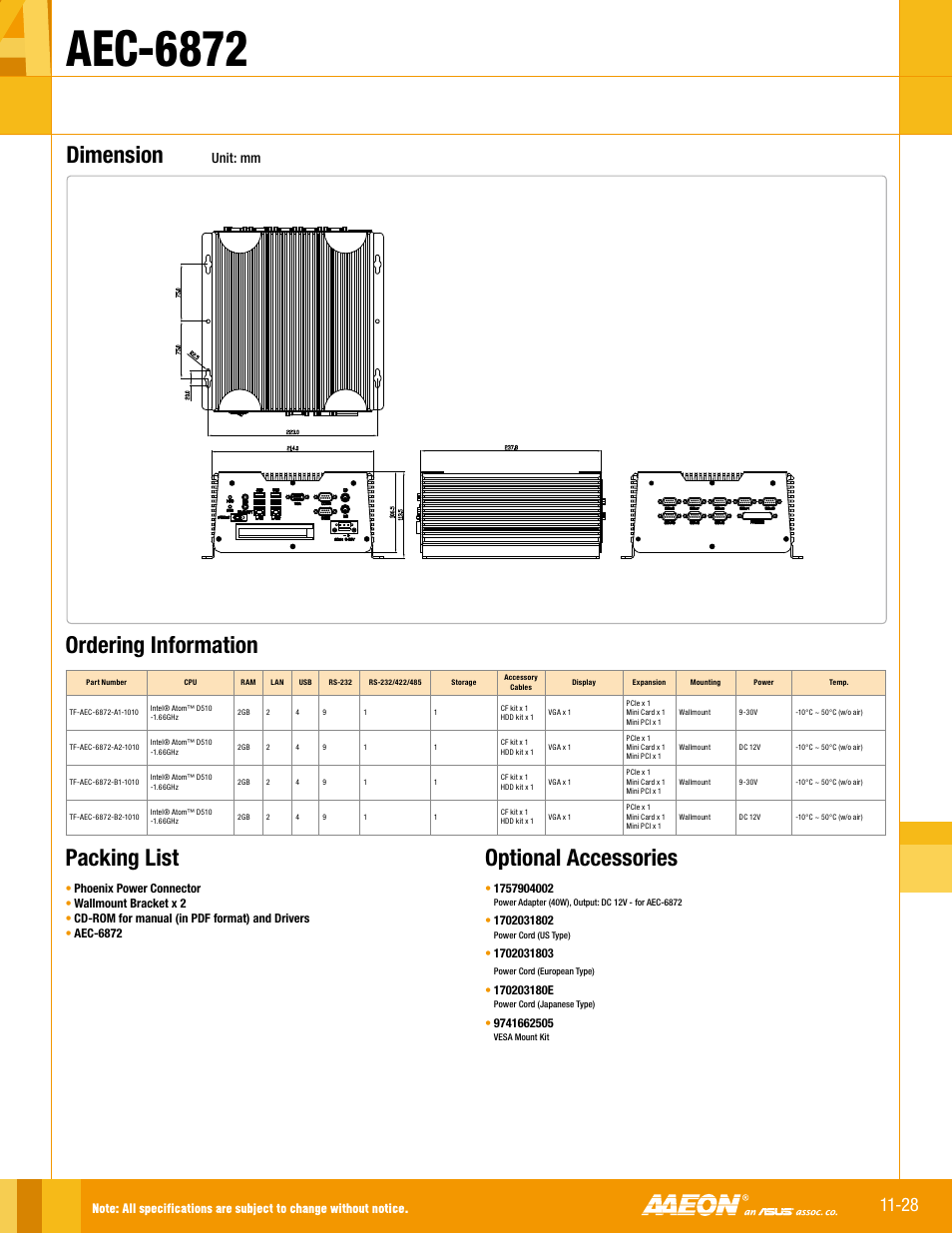 Aec-6872, Dimension, Optional accessories | Ordering information packing list, Unit: mm | Impulse AEC-6872 User Manual | Page 2 / 2