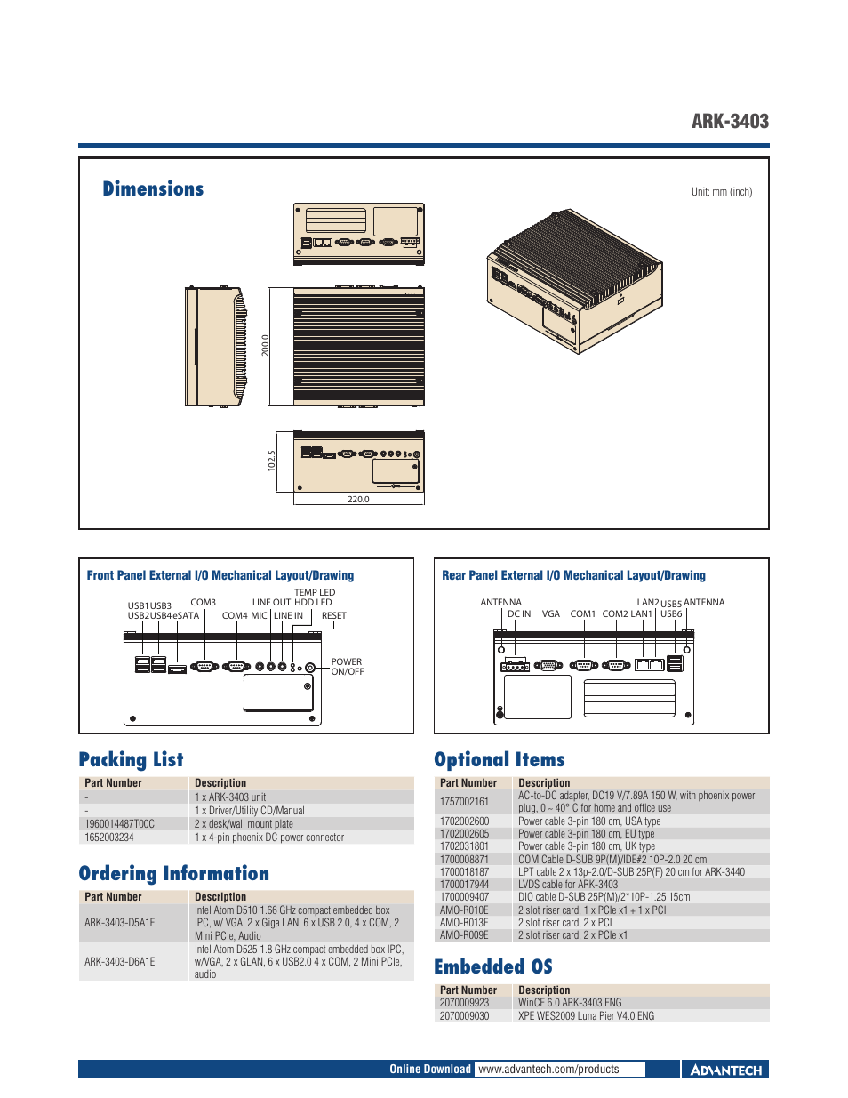 Dimensions, Ark-3403 packing list, Ordering information | Optional items, Embedded os | Impulse ARK-3403 User Manual | Page 2 / 2