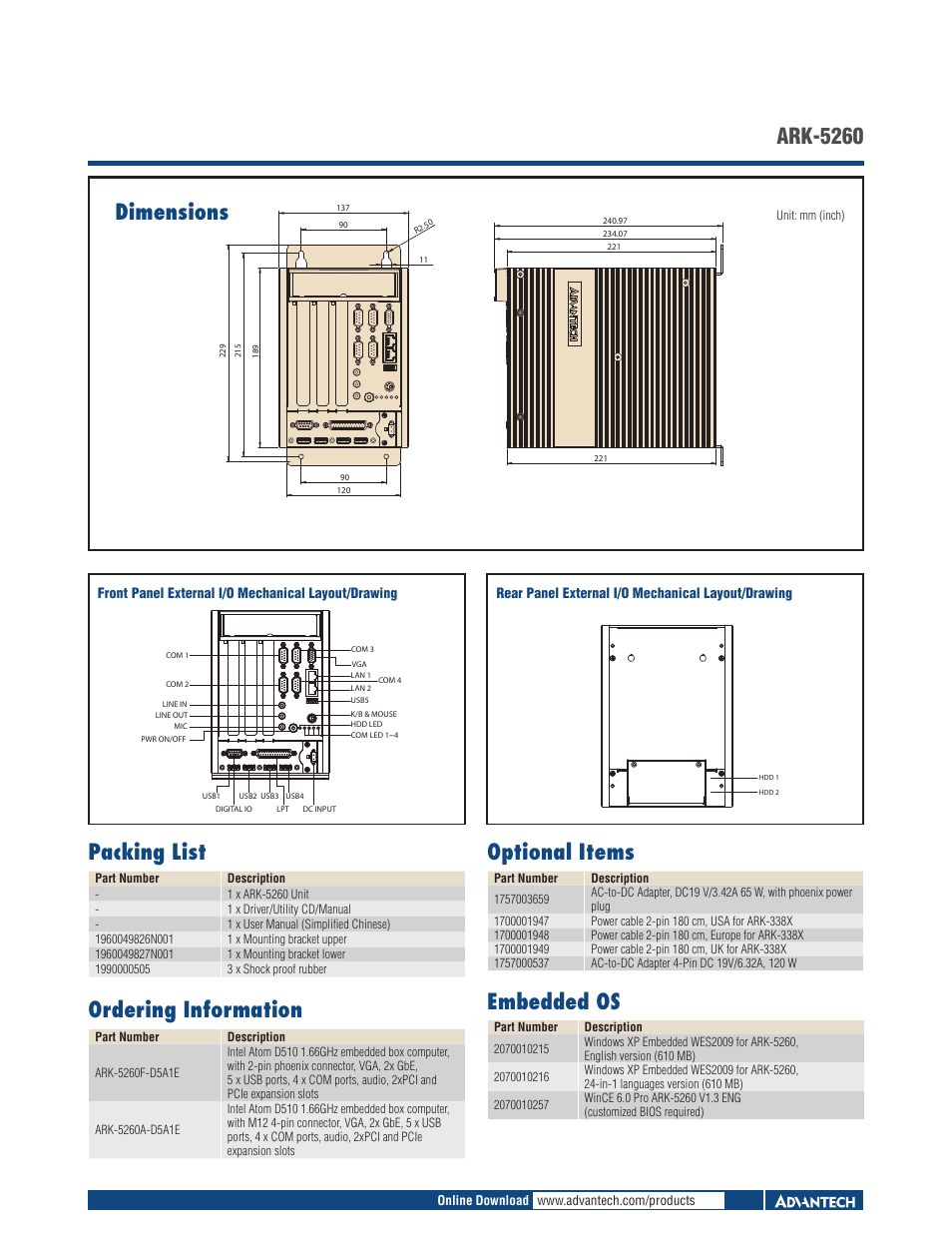 Ark-5260 packing list, Ordering information, Optional items | Embedded os, Dimensions | Impulse ARK-5260 User Manual | Page 2 / 2