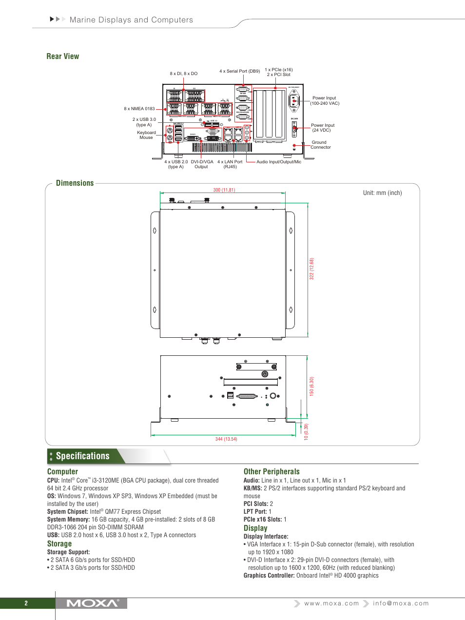 Specifications, Marine displays and computers rear view dimensions, Computer | Storage, Other peripherals, Display, Unit: mm (inch), Cpu: intel, Core, Hd 4000 graphics | Impulse MC-7130-MP User Manual | Page 2 / 3