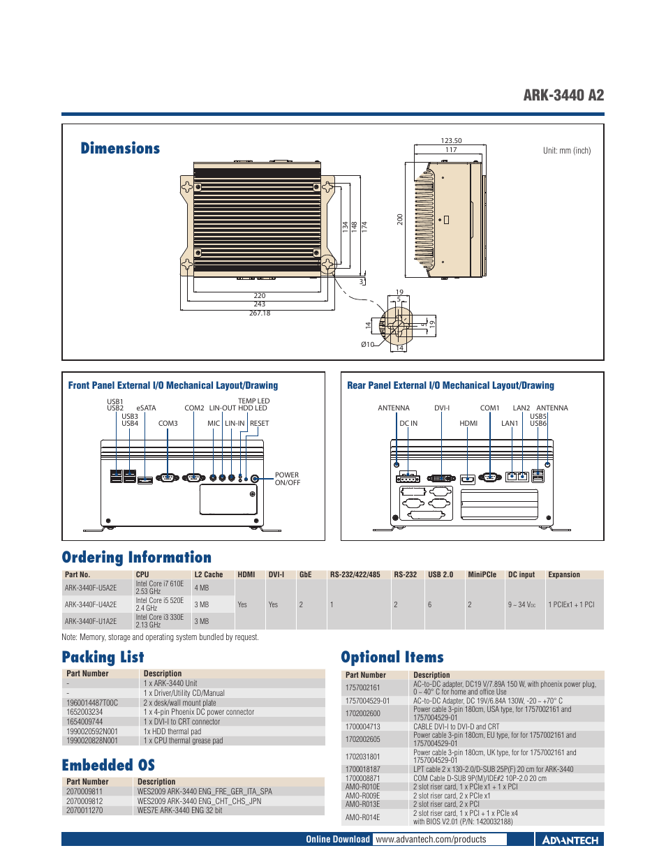 Dimensions, Embedded os, Optional items | Ordering information | Impulse ARK-3440 User Manual | Page 2 / 2