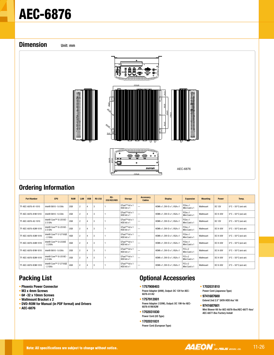 Aec-6876, Dimension, Optional accessories | Ordering information packing list, Unit: mm | Impulse AEC-6876 User Manual | Page 2 / 2