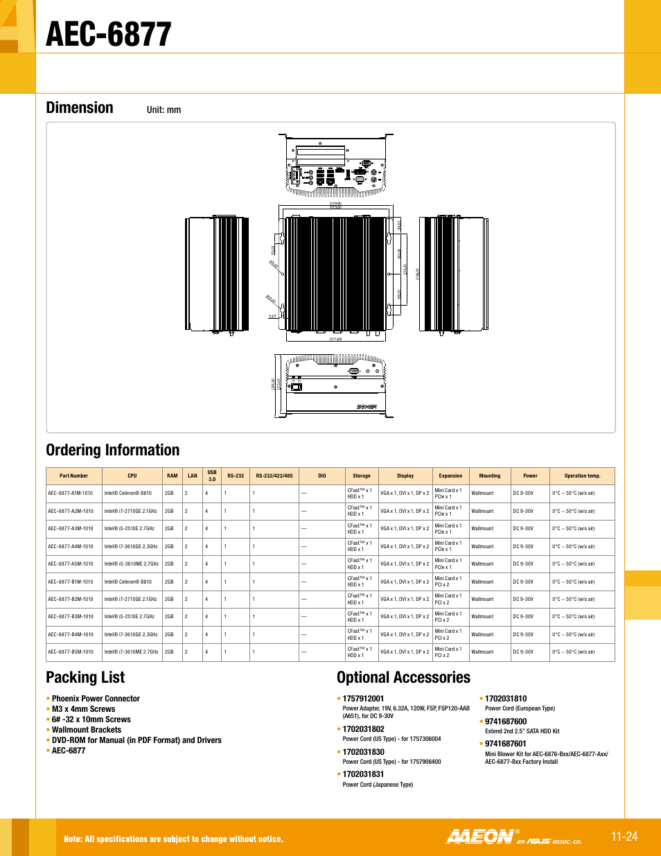 Aec-6877, Dimension, Unit: mm | Impulse AEC-6877 User Manual | Page 2 / 2