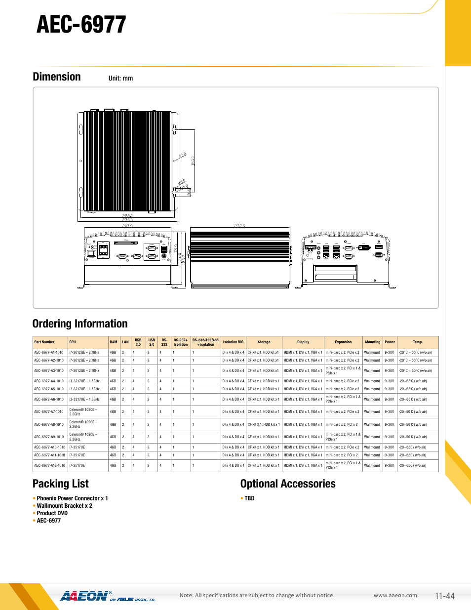 Aec-6977, Ordering information optional accessories, Packing list | Dimension, Unit: mm | Impulse AEC-6977 User Manual | Page 2 / 2
