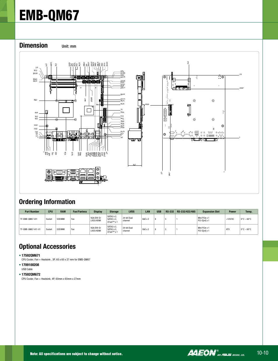 Emb-qm67, Ordering information, Dimension | Optional accessories, Unit: mm | Impulse EMB-QM67 User Manual | Page 2 / 2