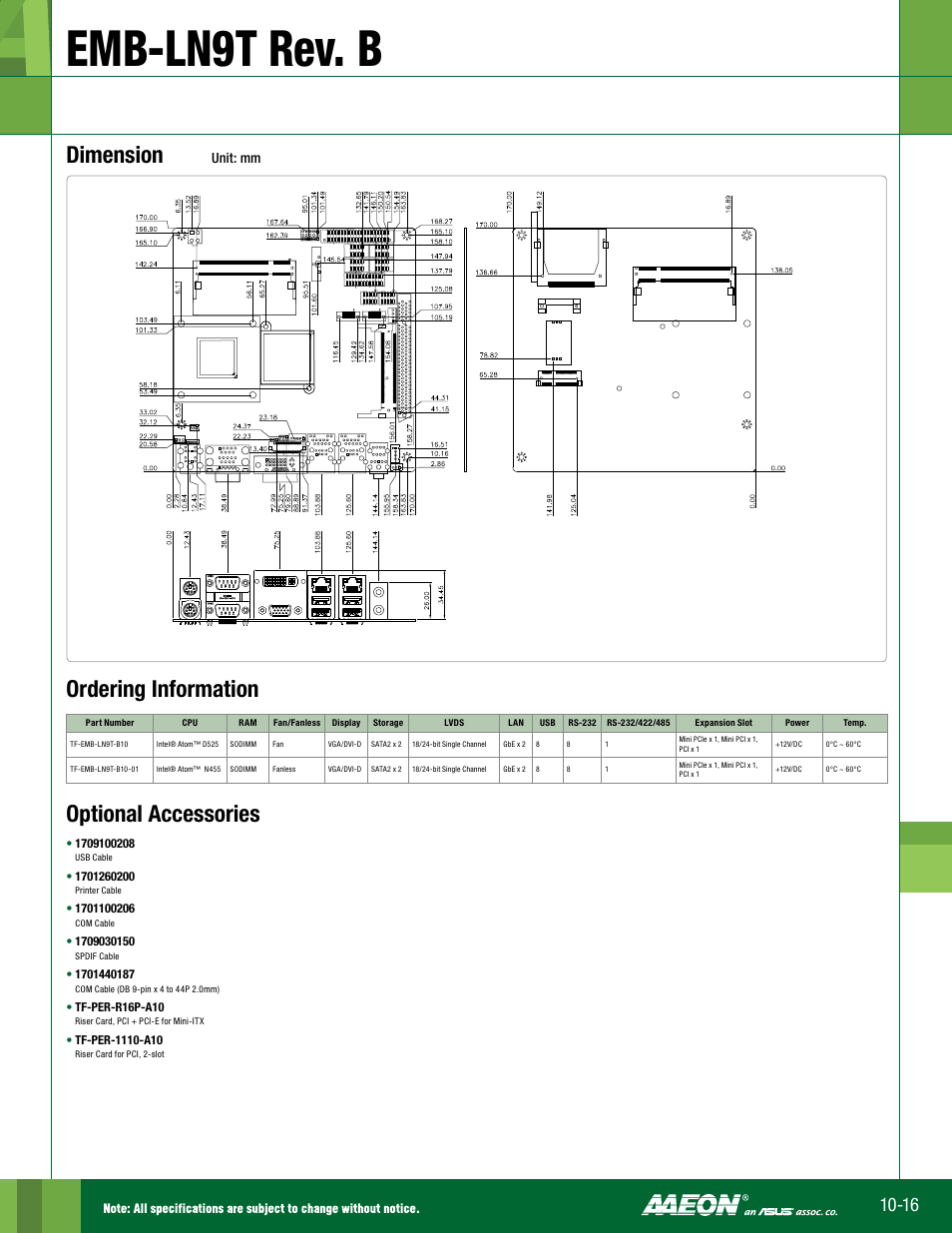 Emb-ln9t rev. b, Dimension, Ordering information optional accessories | Unit: mm | Impulse EMB-LN9T Rev. B User Manual | Page 2 / 2