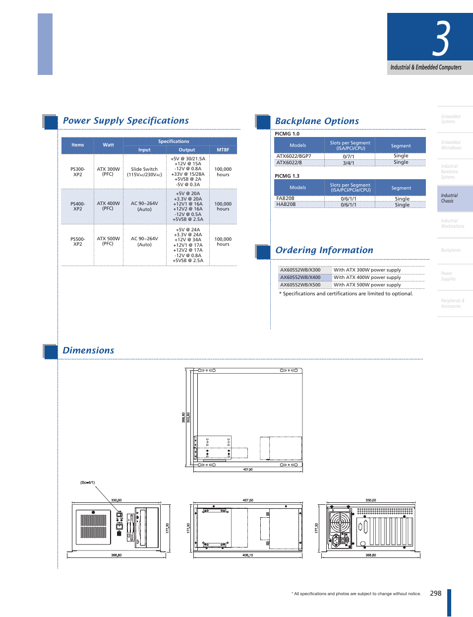 Slot shoebox chassis, Power supply specifications, Specifications features | Dimensions, Ordering information, Backplane options | Impulse AX60552 User Manual | Page 2 / 2