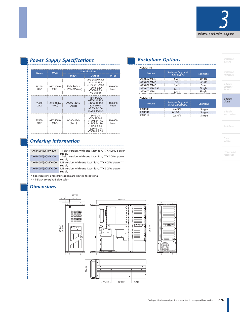 4u 14-slot rackmount chassis, Power supply specifications, Ordering information specifications features | Dimensions backplane options | Impulse AX61400M User Manual | Page 2 / 2