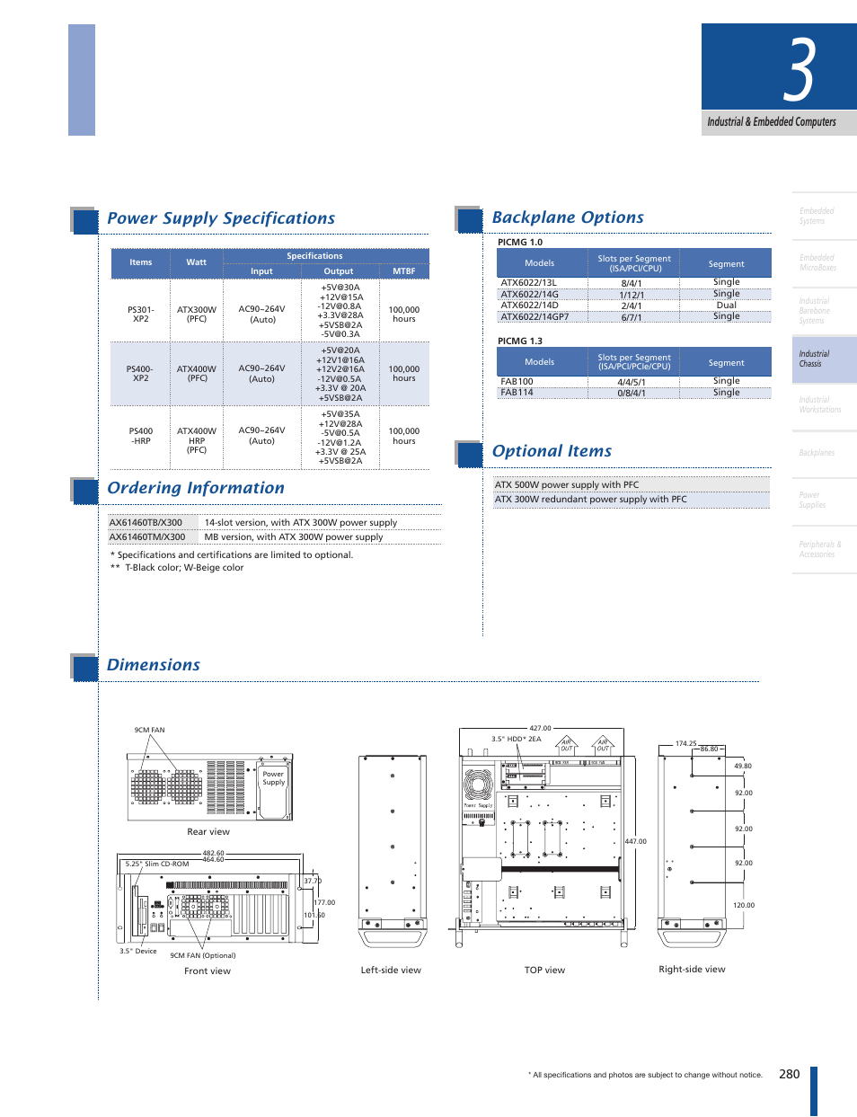 Backplane options optional items, Power supply specifications, Ordering information specifications features | Dimensions, 280 industrial & embedded computers | Impulse AX61460TM User Manual | Page 2 / 2