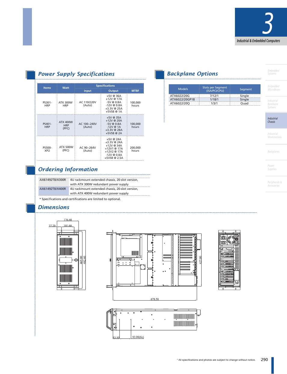 4u 20-slot extended rackmount chassis, Backplane options, Power supply specifications | Ordering information specifications features, Dimensions | Impulse AX61492B User Manual | Page 2 / 2