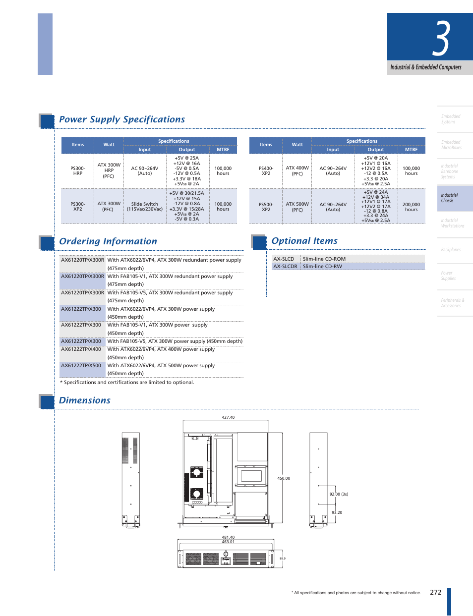 2u compact rackmount chassis, Power supply specifications, Optional items | Ordering information, Specifications features, Dimensions, 272 industrial & embedded computers | Impulse AX61222TP User Manual | Page 2 / 2