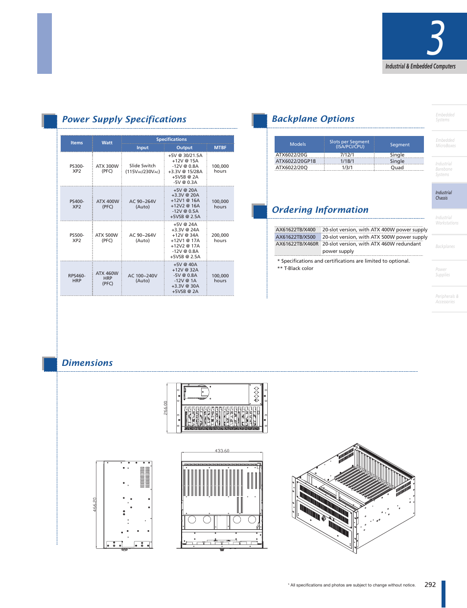 6u 20-slot rackmount chassis, Backplane options, Power supply specifications | Specifications features, Dimensions, Ordering information | Impulse AX61622 User Manual | Page 2 / 2