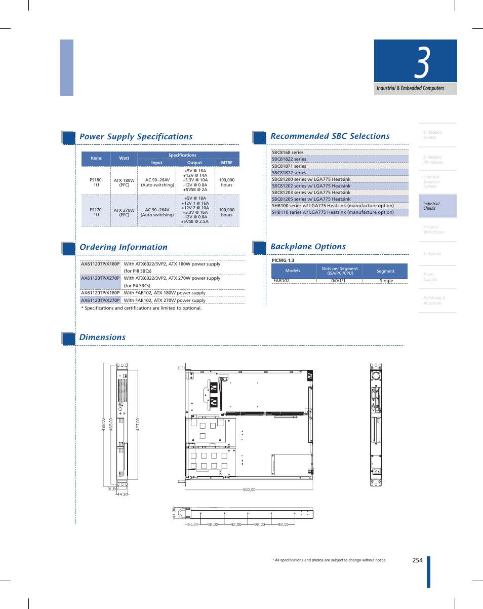 1u rackmount chassis, Power supply specifications, Ordering information specifications features | Dimensions, Recommended sbc selections, Backplane options | Impulse AX61120TP User Manual | Page 2 / 2