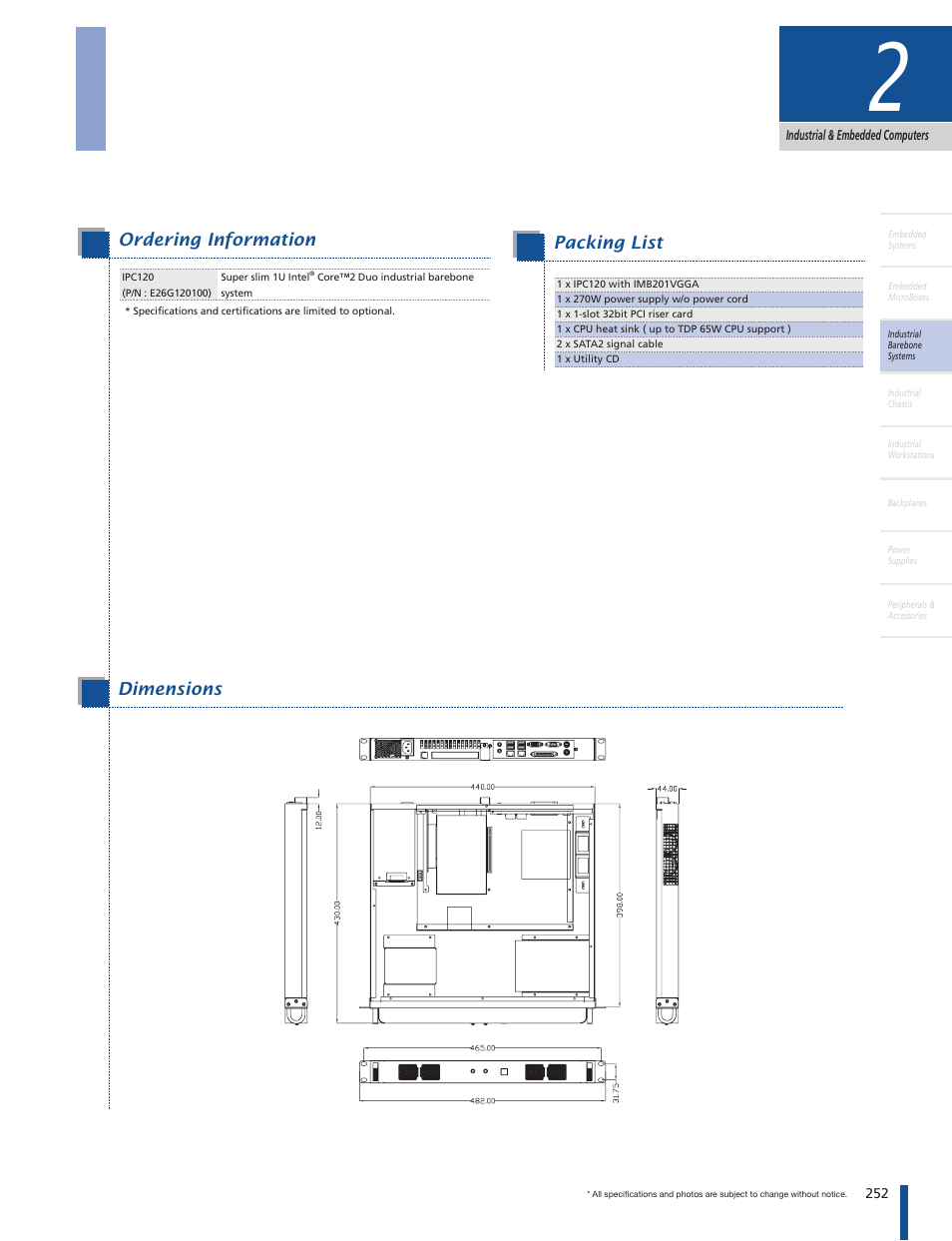 Ipc120, 1u intel, Core™2 duo industrial barebone system | Packing list, Ordering information specifications features, Dimensions | Impulse IPC120 User Manual | Page 2 / 2