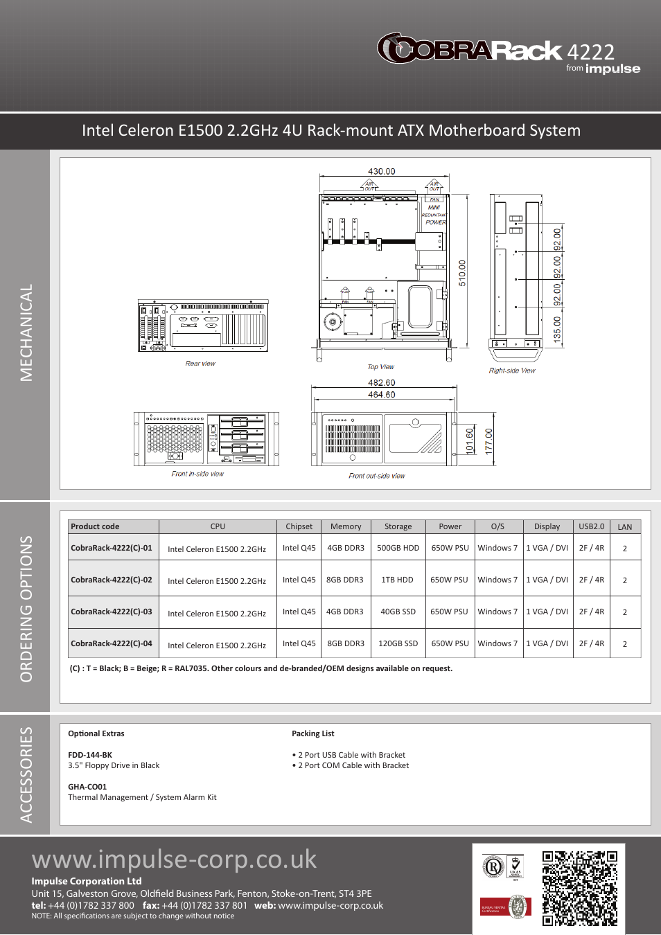 Me chanical acce ssorie s ordering op tions | Impulse CobraRack-4222 User Manual | Page 2 / 2