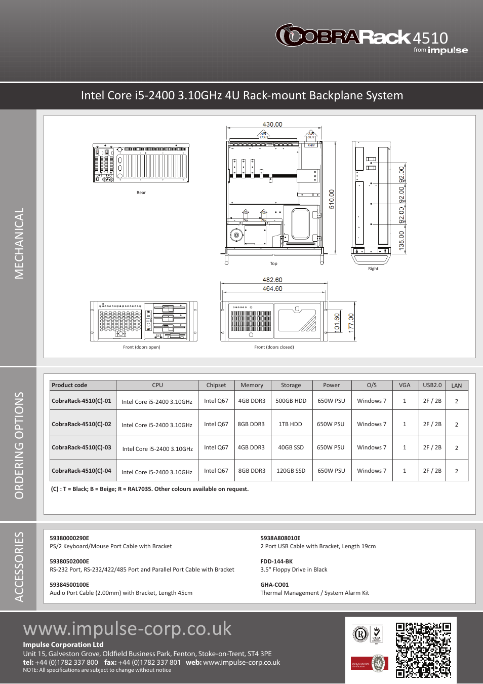 Me chanical acce ssorie s ordering op tions | Impulse CobraRack-4510 User Manual | Page 2 / 2