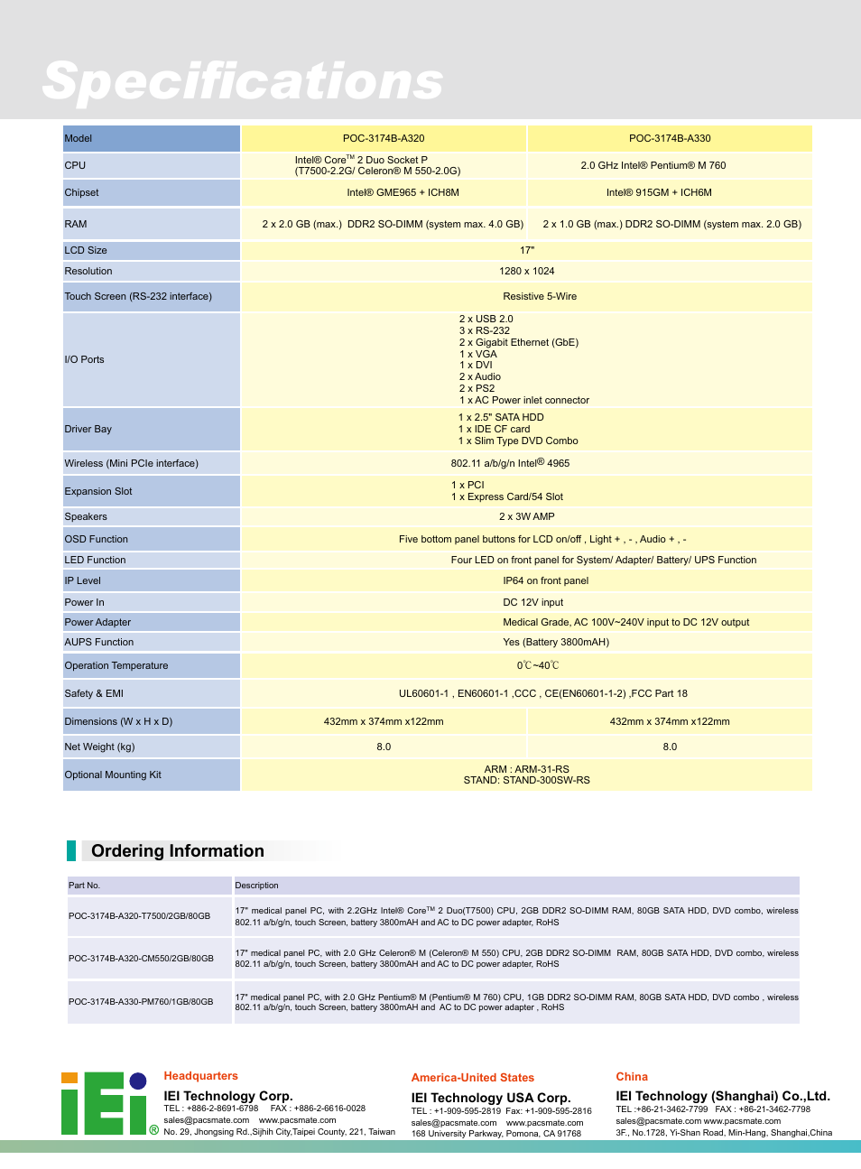 Specifications, Ordering information | Impulse POC-3174B-A330 User Manual | Page 2 / 2
