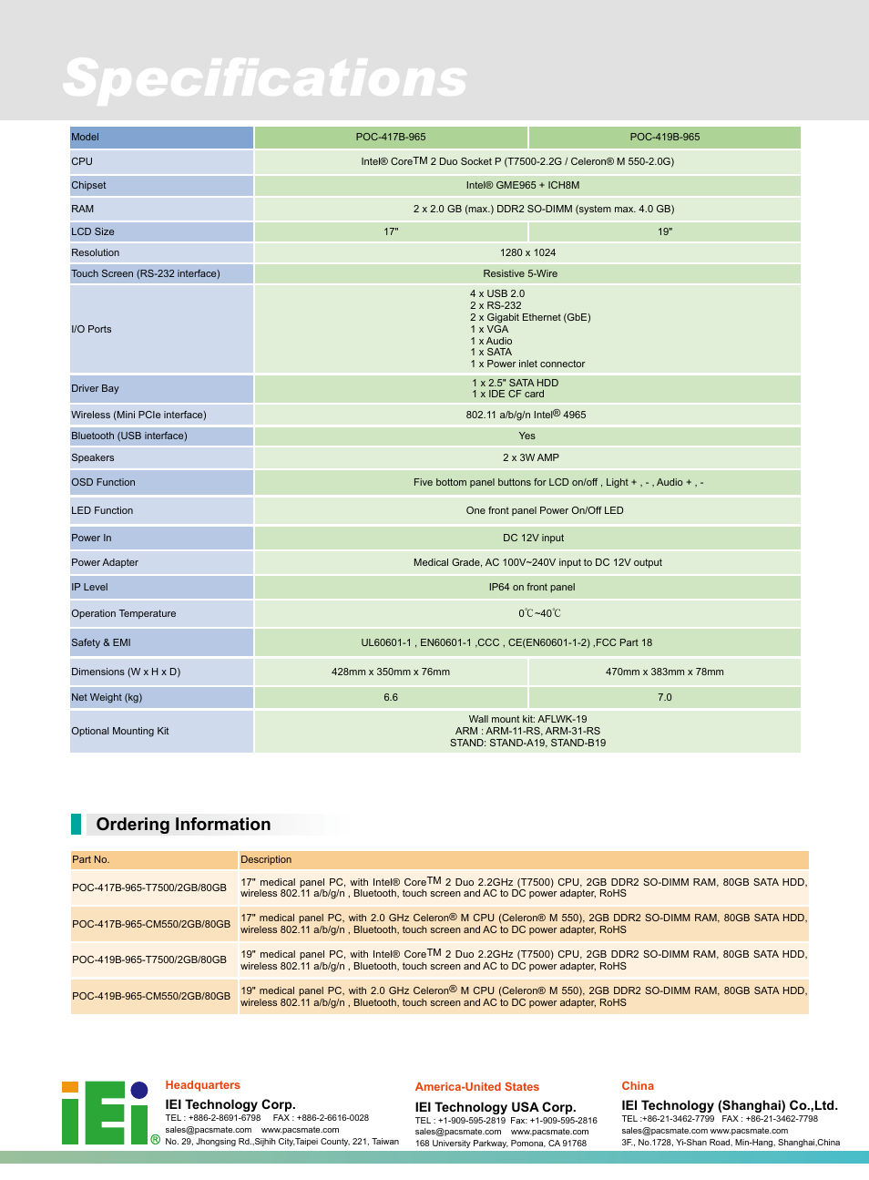 Specifications, Ordering information | Impulse POC-417B-965 User Manual | Page 2 / 2