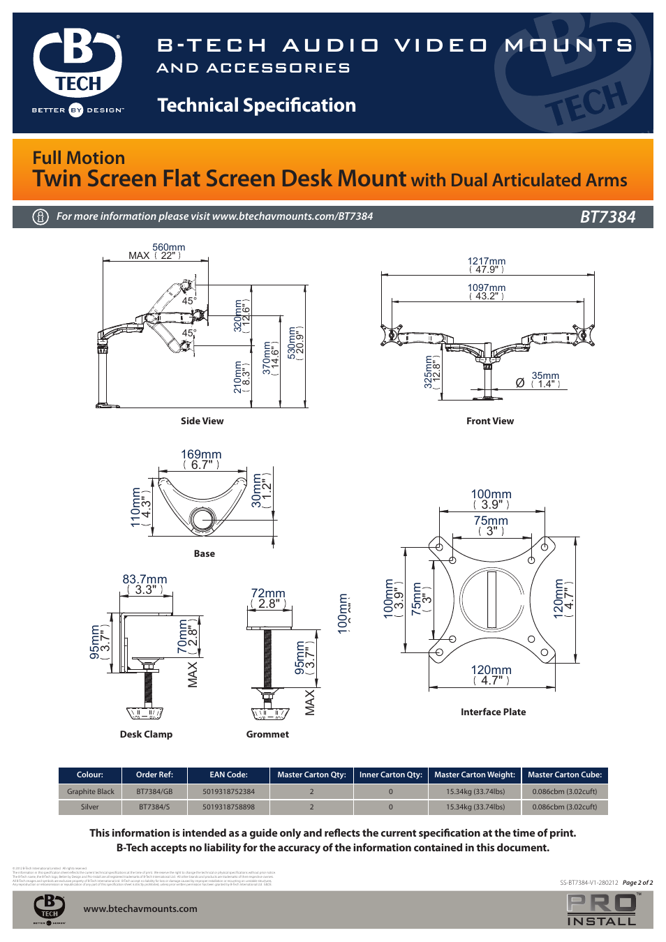 B-tech audio video mounts, Twin screen flat screen desk mount, Technical specification | Full motion, With dual articulated arms, And accessories, Bt7384, Install | Impulse BT7384 User Manual | Page 2 / 2