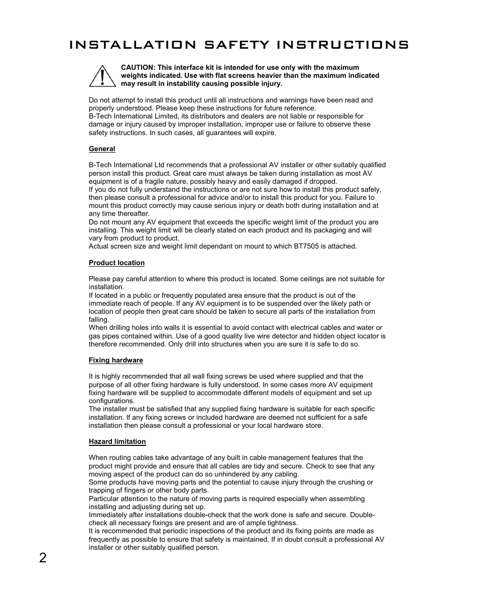 Installation safety instructions | Impulse BT7505 User Manual | Page 2 / 12