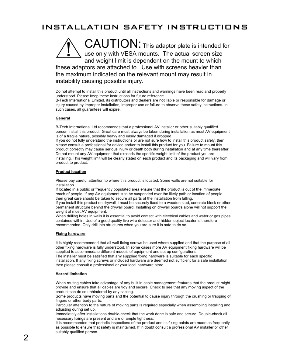 Caution, Installation safety instructions | Impulse BT7502 User Manual | Page 2 / 8