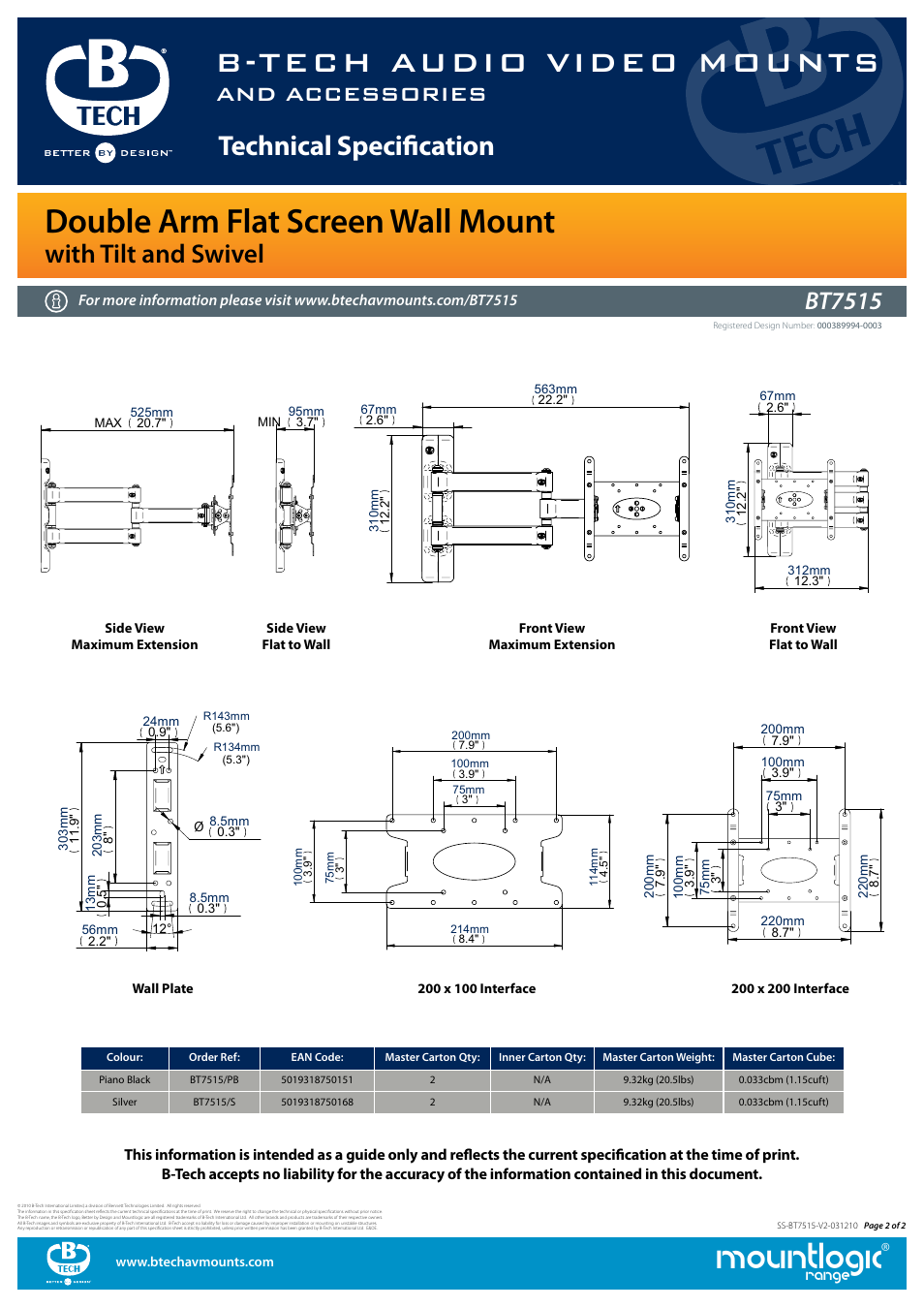 Mountlogic, B-tech audio video mounts, Double arm flat screen wall mount | Technical specification, With tilt and swivel, And accessories, Bt7515, Bt7515 product dimensions, Range | Impulse BT7515 User Manual | Page 2 / 2