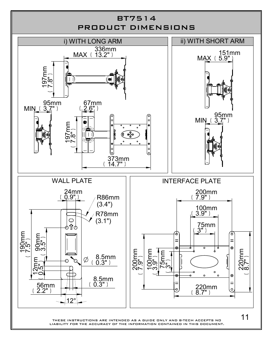 Bt7514 product dimensions | Impulse BT7514 User Manual | Page 11 / 12