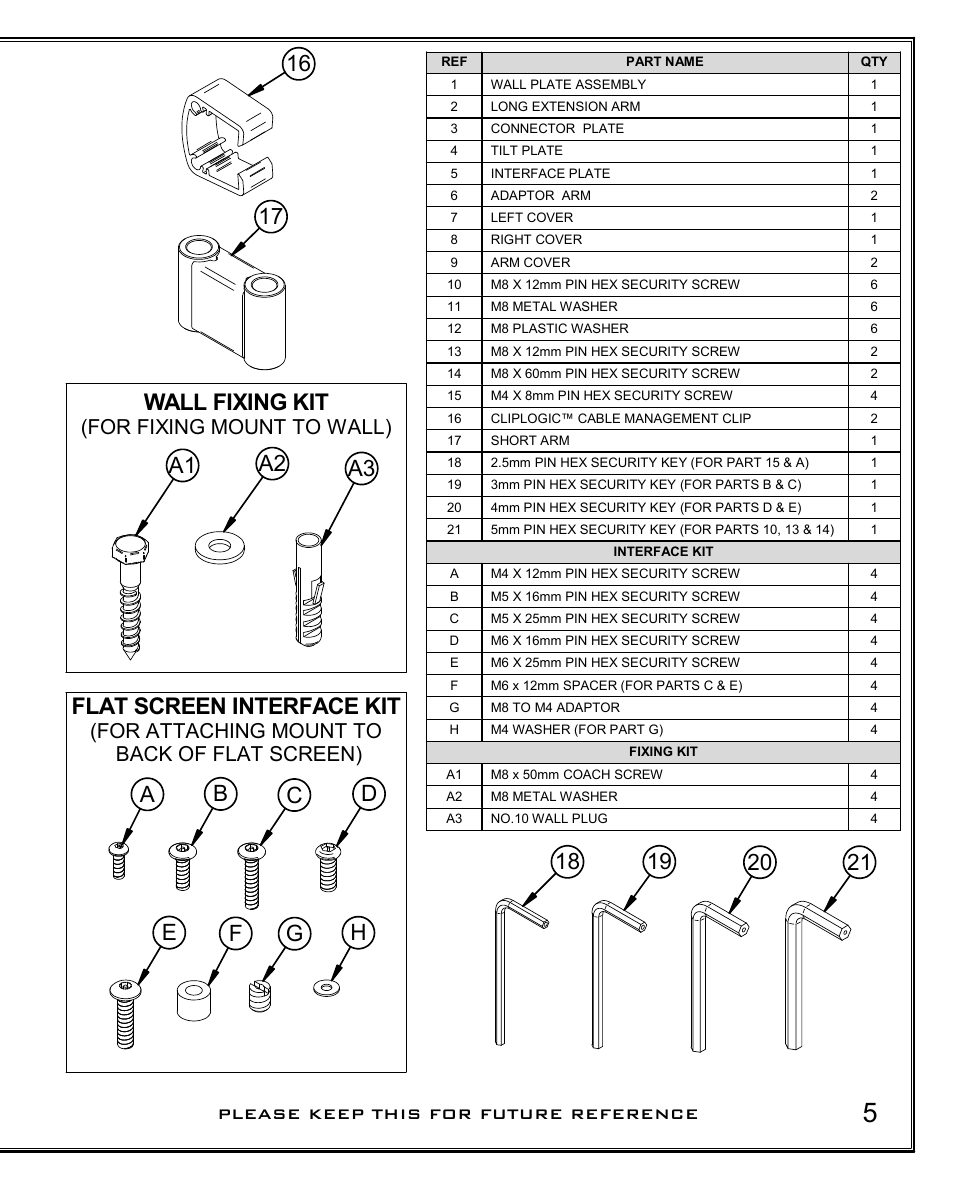 Flat screen interface kit, Wall fixing kit, For attaching mount to back of flat screen) | For fixing mount to wall) | Impulse BT7514 User Manual | Page 5 / 12