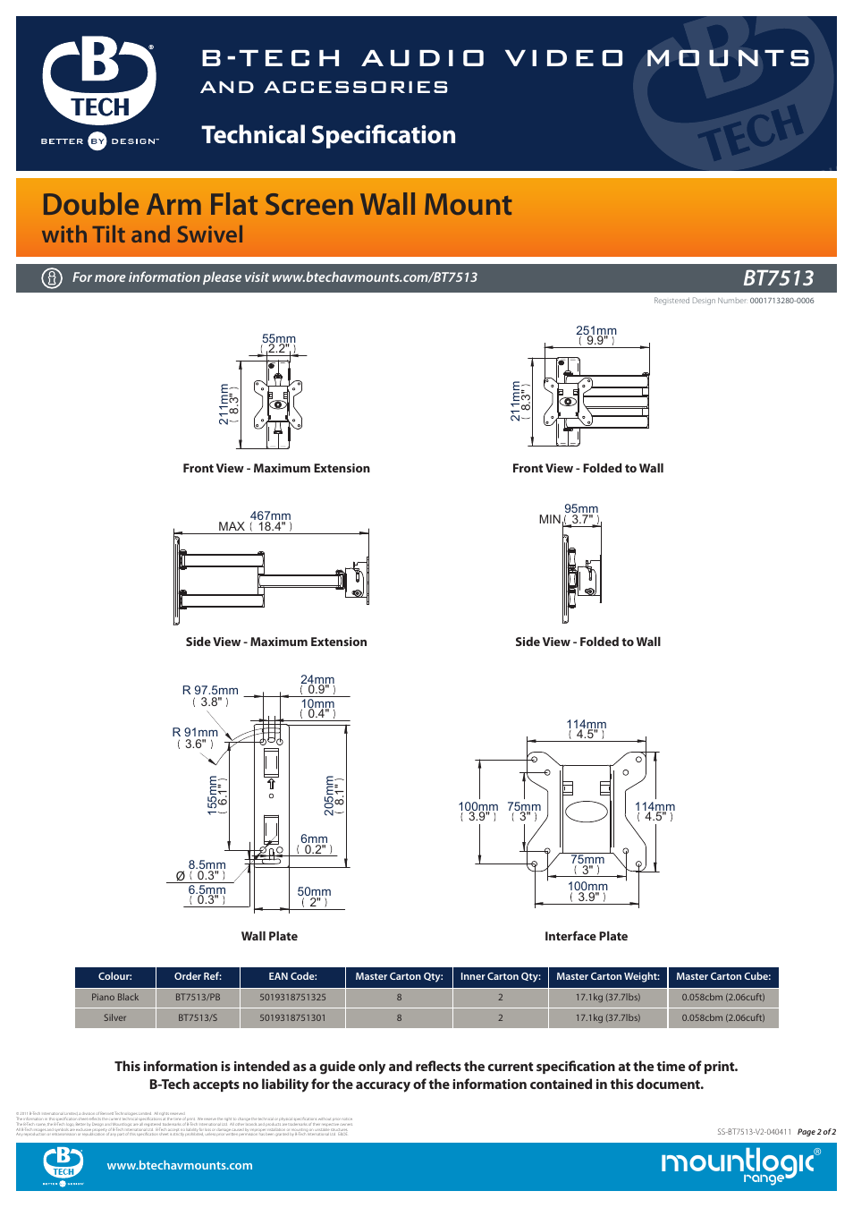 Mountlogic, B-tech audio video mounts, Double arm flat screen wall mount | Technical specification, With tilt and swivel, And accessories, Bt7513, Range | Impulse BT7513 User Manual | Page 2 / 2