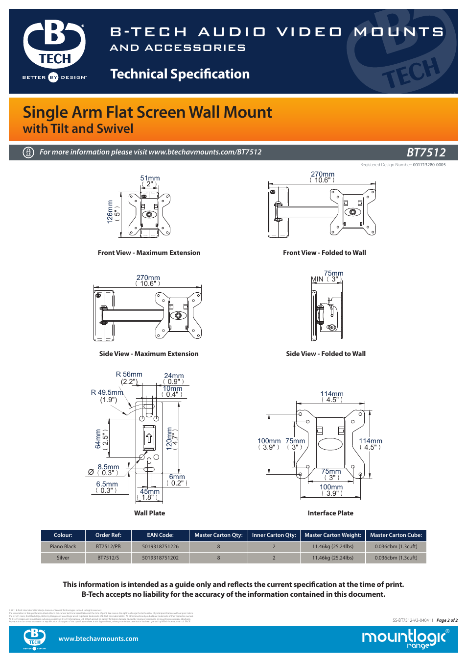 Mountlogic, B-tech audio video mounts, Single arm flat screen wall mount | Technical specification, With tilt and swivel, And accessories, Bt7512 | Impulse BT7512 User Manual | Page 2 / 2