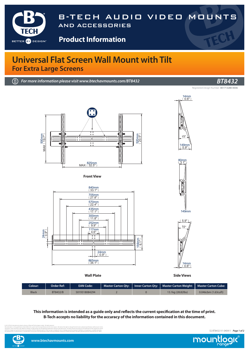 Mountlogic, B-tech audio video mounts, Universal flat screen wall mount with tilt | Product information, For extra large screens, And accessories, Bt8432, Range, Wall plate | Impulse BT8432 User Manual | Page 2 / 2