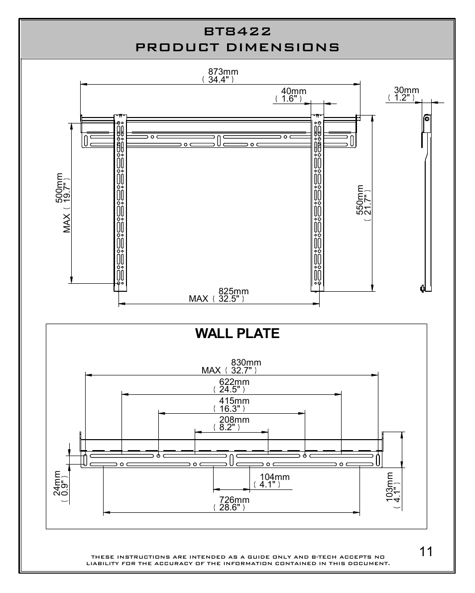 Bt8422 product dimensions, Wall plate | Impulse BT8422 User Manual | Page 11 / 12