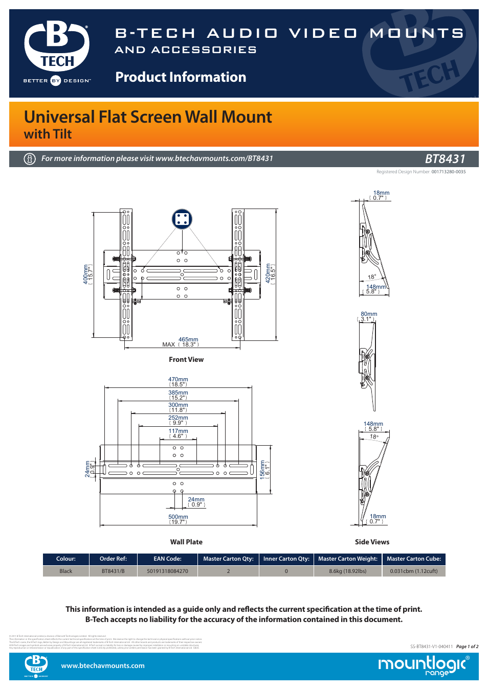 Mountlogic, B-tech audio video mounts, Universal flat screen wall mount | Product information, With tilt, And accessories, Bt8431, Range | Impulse BT8431 User Manual | Page 2 / 2