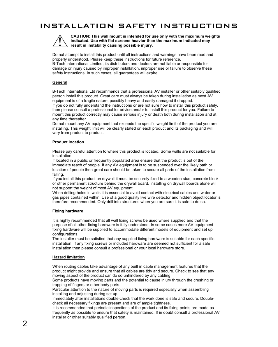 Installation safety instructions | Impulse BT8421 User Manual | Page 2 / 12