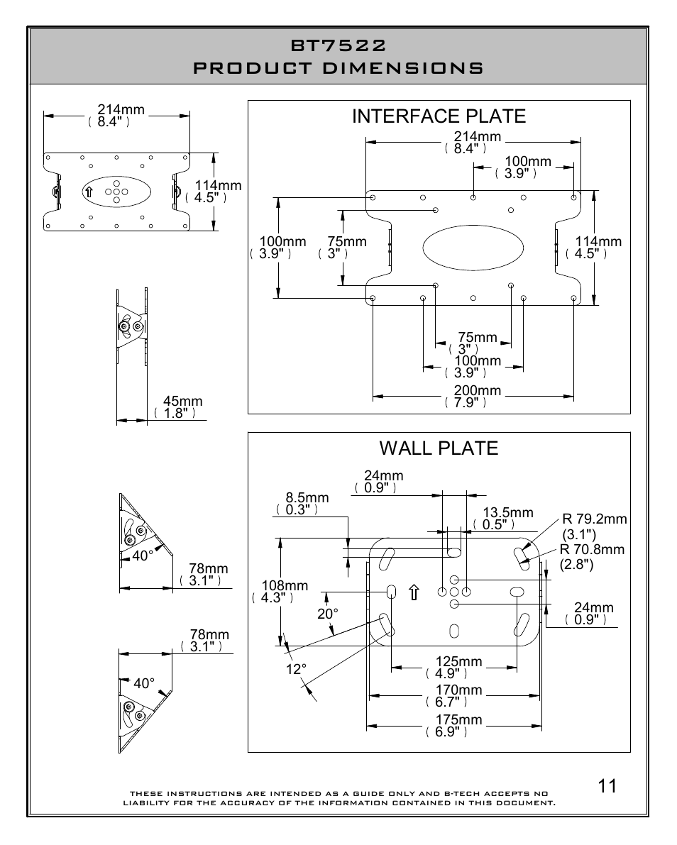 Bt7522 product dimensions, Wall plate interface plate | Impulse BT7522 User Manual | Page 11 / 12