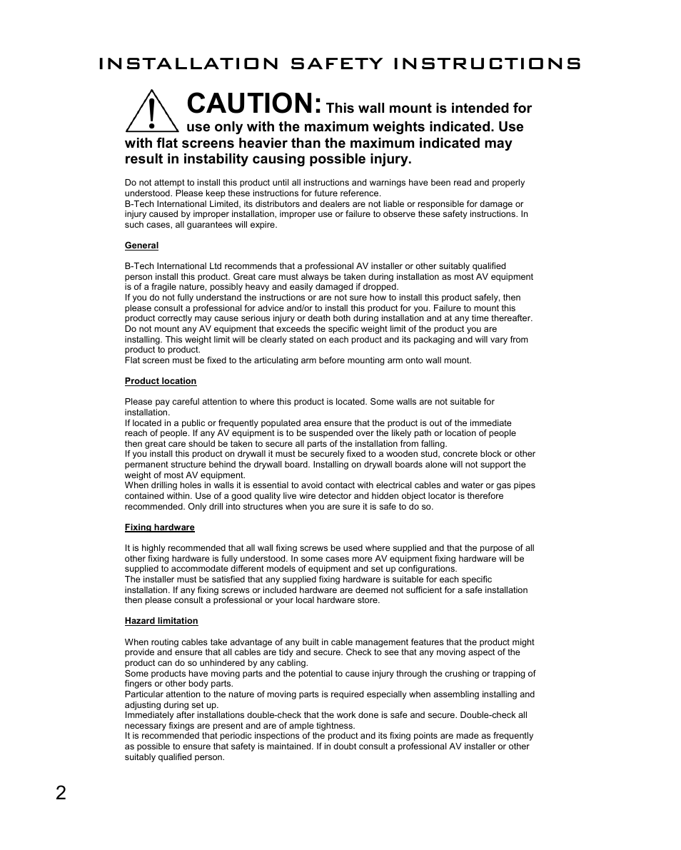 Caution, Installation safety instructions | Impulse BT7522 User Manual | Page 2 / 12