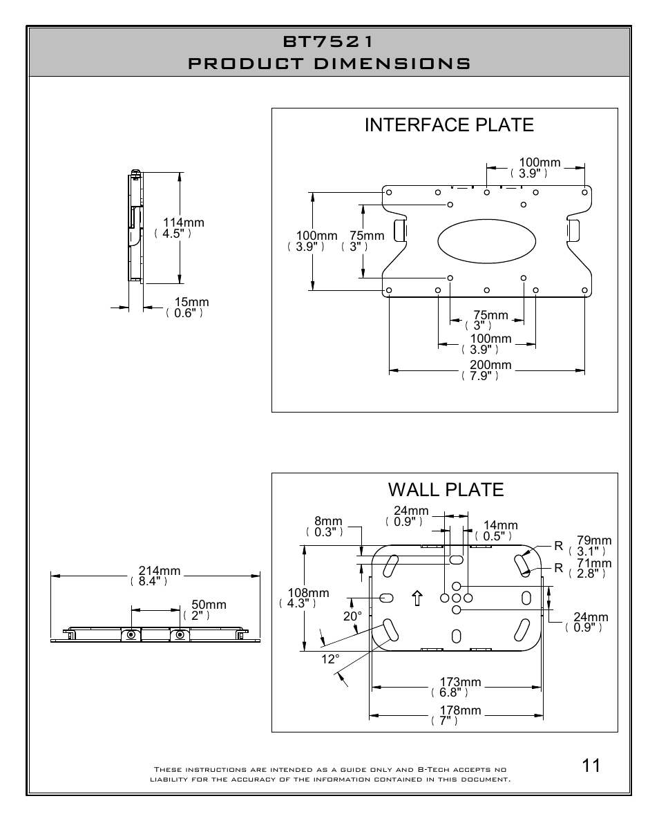 Bt7521 (v2) assembly leaflet 200510 11, Bt7521 product dimensions, Wall plate | Interface plate | Impulse BT7521 User Manual | Page 11 / 12