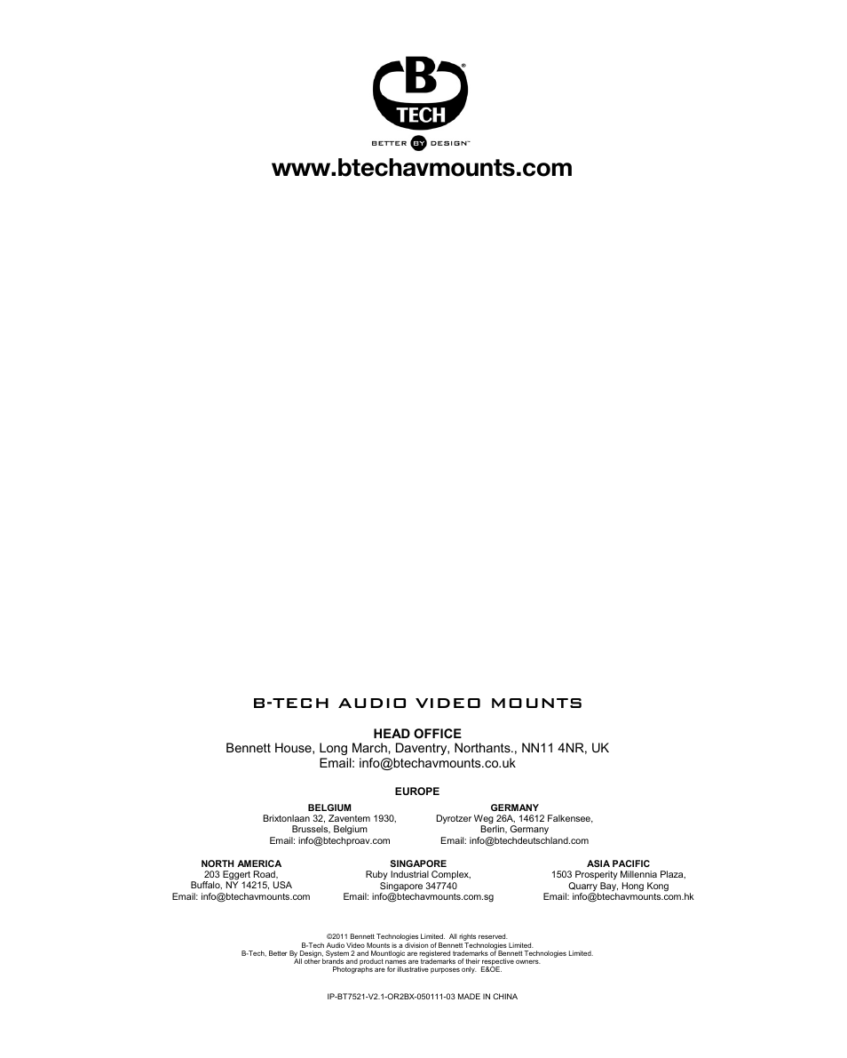 Bt7521 (v2) assembly leaflet 230610 12, B-tech audio video mounts | Impulse BT7521 User Manual | Page 12 / 12