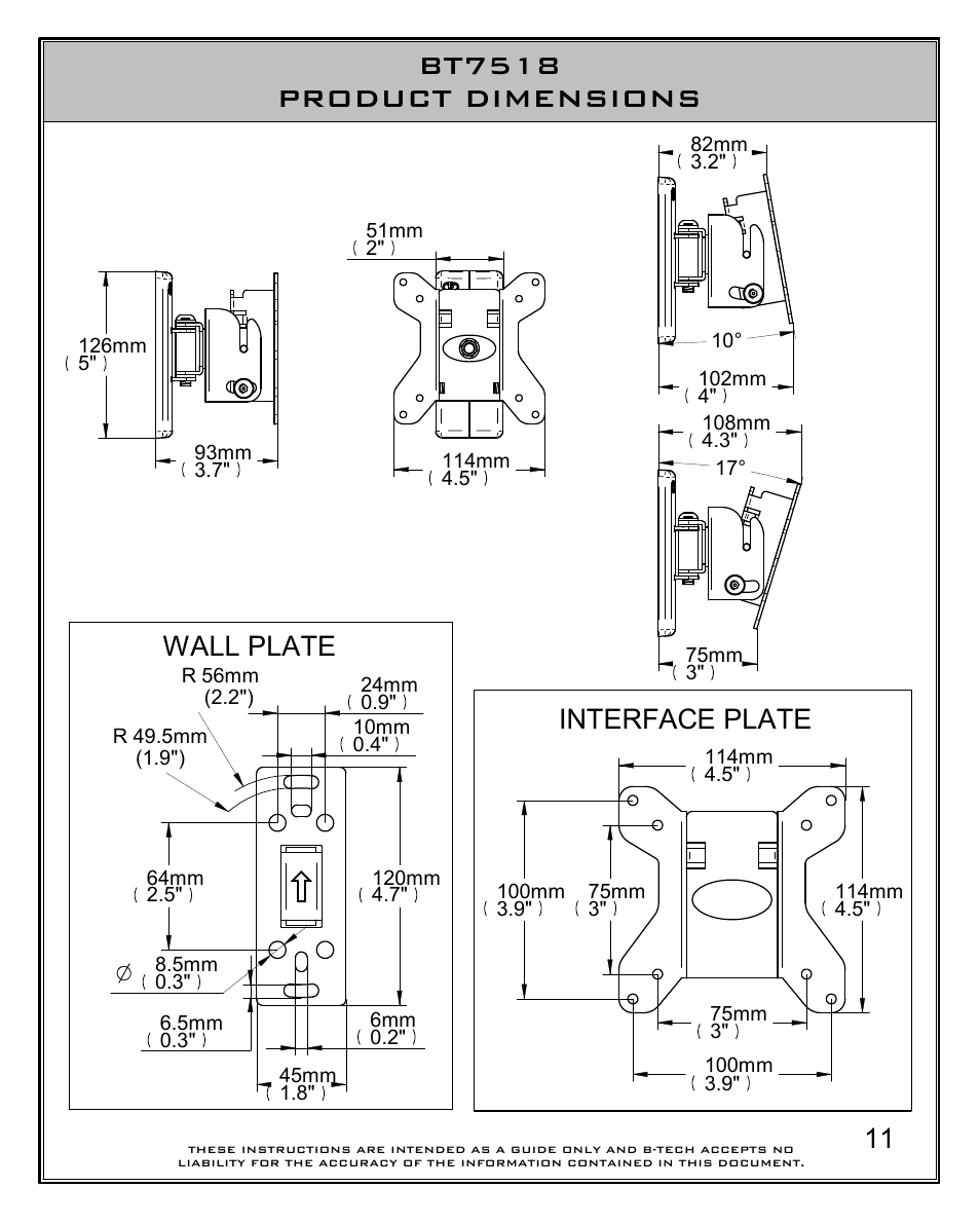 Bt7518 product dimensions, Interface plate, Wall plate | Impulse BT7518 User Manual | Page 11 / 12