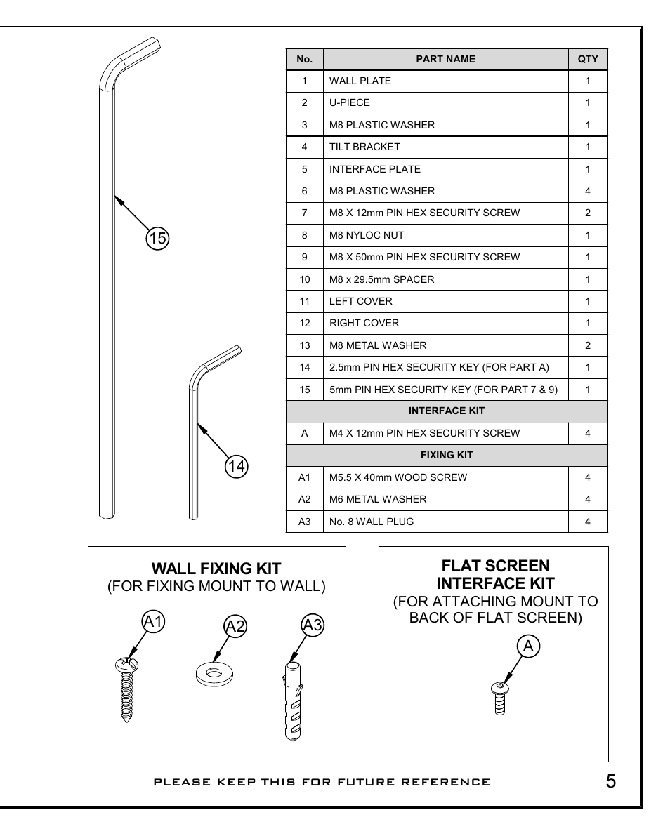 Flat screen interface kit, Wall fixing kit, Aa1 a2 a3 | For attaching mount to back of flat screen), For fixing mount to wall) | Impulse BT7518 User Manual | Page 5 / 12