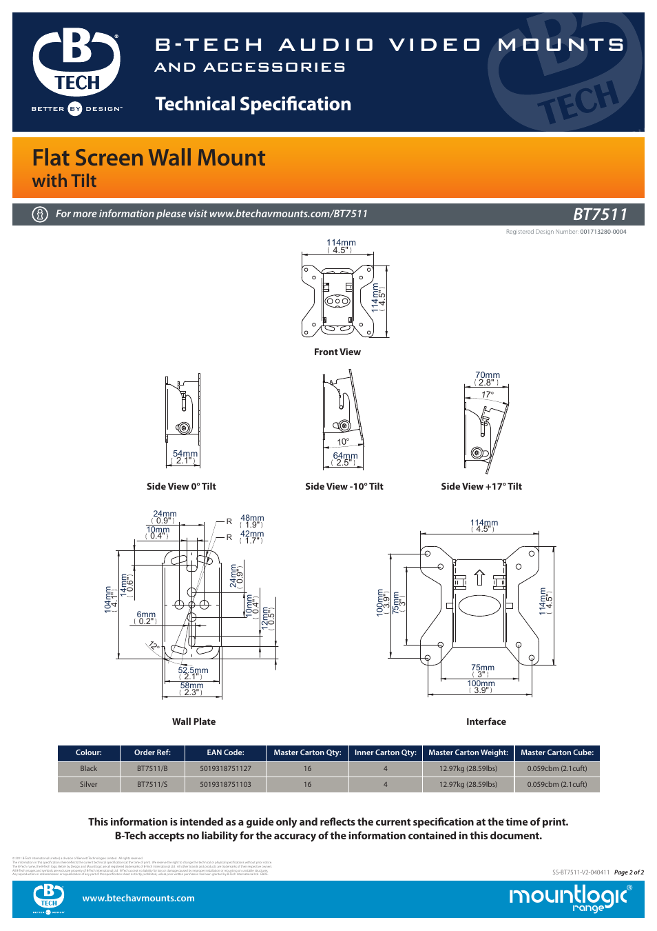 Mountlogic, B-tech audio video mounts, Flat screen wall mount | Technical specification, With tilt, And accessories, Bt7511, Wall plate, Range | Impulse BT7511 User Manual | Page 2 / 2