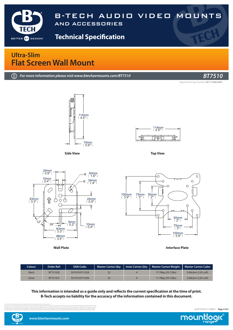 Mountlogic, B-tech audio video mounts, Flat screen wall mount | Technical specification, Ultra-slim, And accessories, Bt7510, Wall plate, Interface plate, Range | Impulse BT7510 User Manual | Page 2 / 2