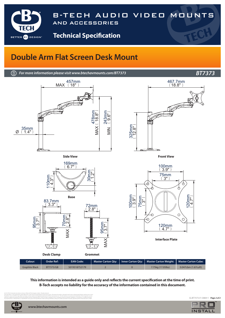 B-tech audio video mounts, Double arm flat screen desk mount, Technical specification | And accessories, Bt7373, Install | Impulse BT7373 User Manual | Page 2 / 2