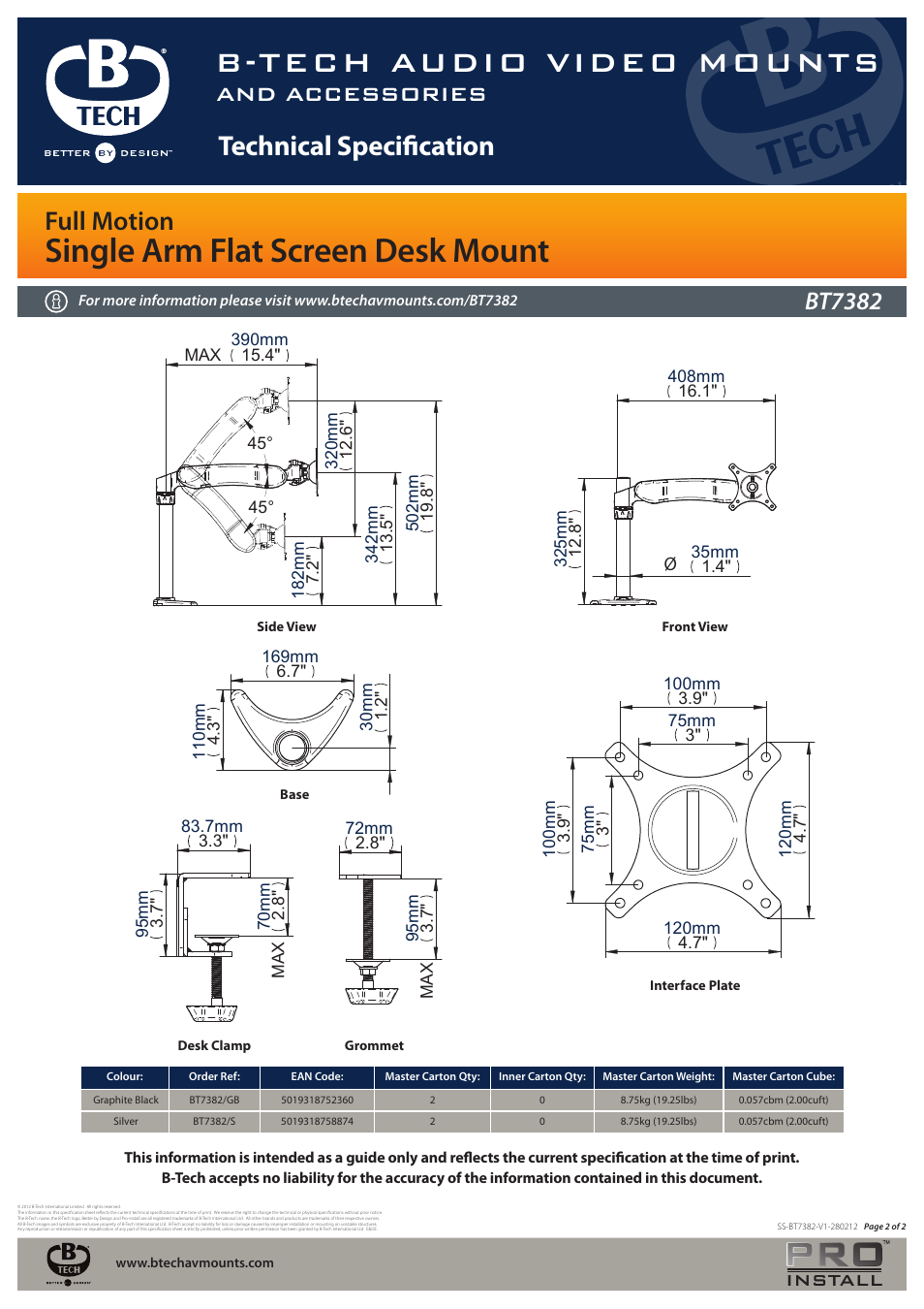 B-tech audio video mounts, Single arm flat screen desk mount, Technical specification | Full motion, And accessories, Bt7382, Install | Impulse BT7382 User Manual | Page 2 / 2